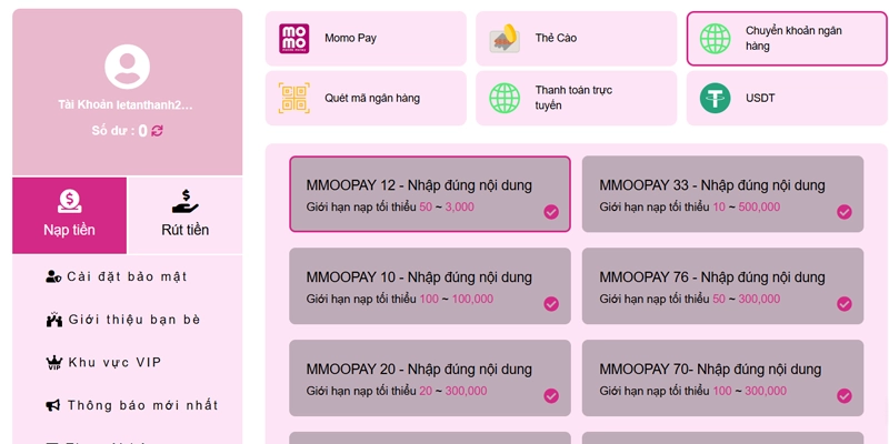Nạp tiền MMOO qua phương thức chuyển khoản ngân hàng