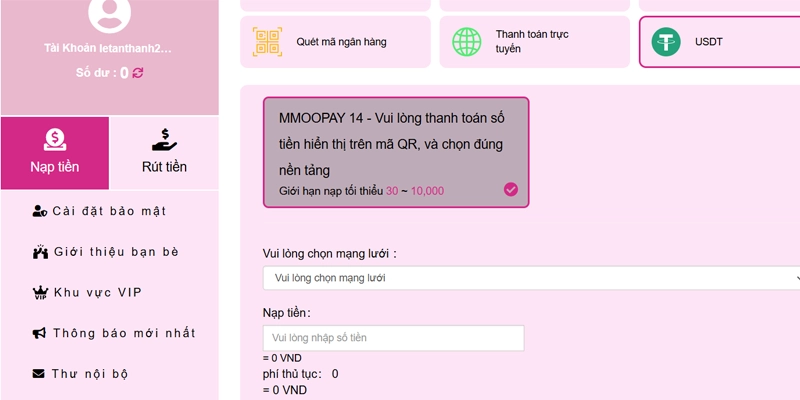 Thao tác nạp tiền MMOO chuẩn qua ví điện tử